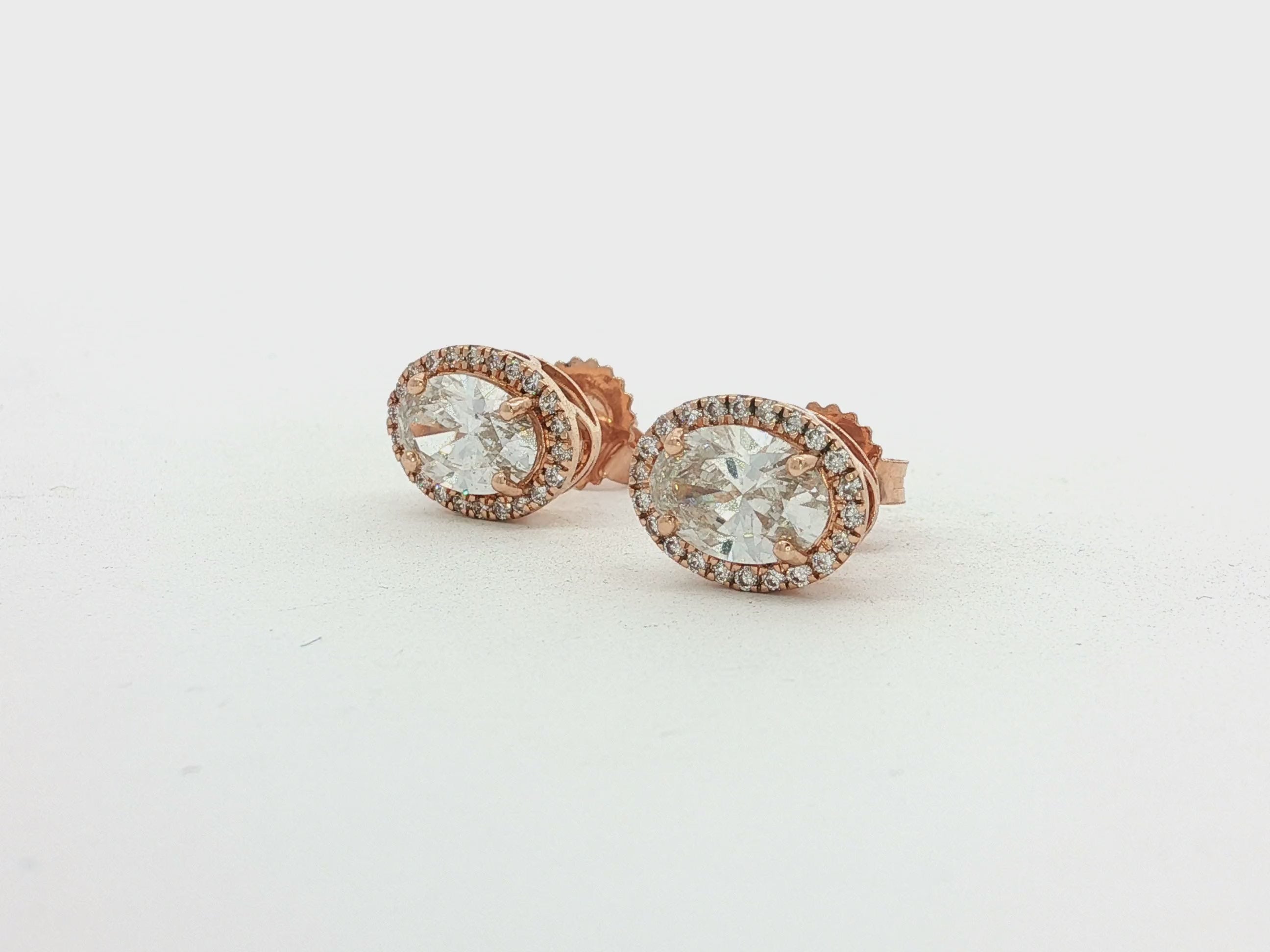 14k Gold Diamond Stud Earrings with Oval-Cut Center & Halo Design 2.50ct