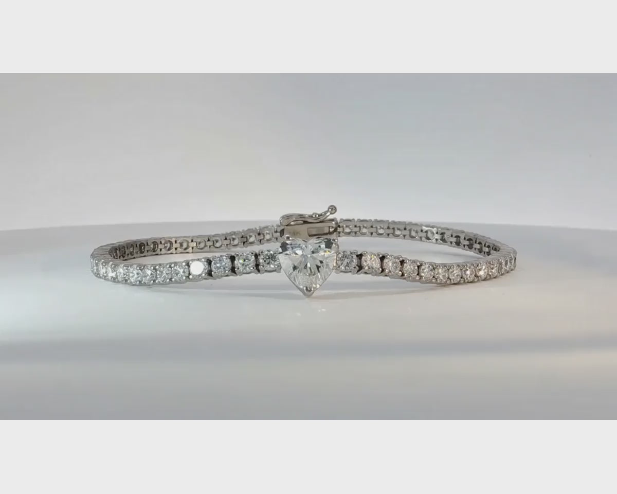 14k Gold Lab-Grown Diamond Tennis Bracelet with Heart-Shaped Center & Round-Cut Design 6.87ct – product video