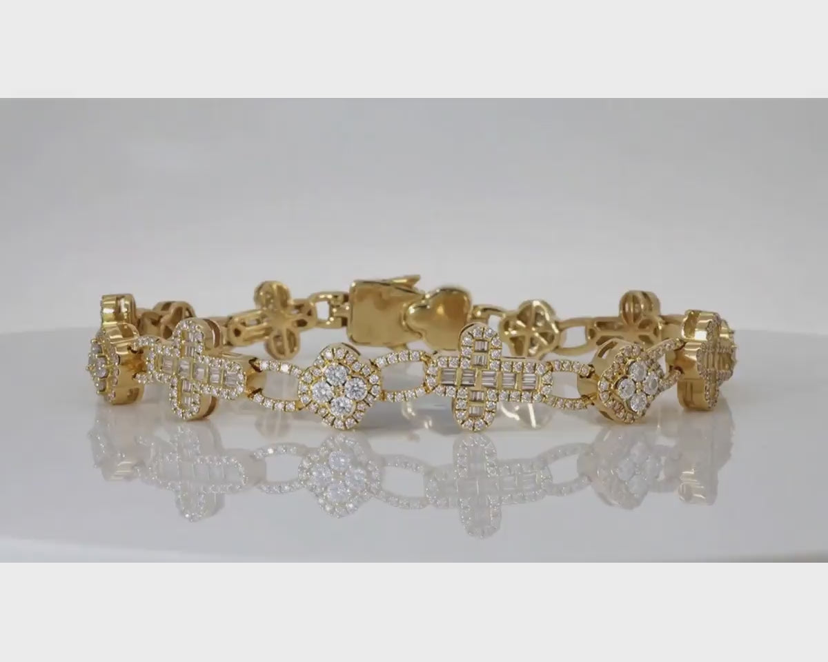 10k Gold Diamond Bracelet with Clover & Cross Round-Cut Cluster Design 4.00ct – product video