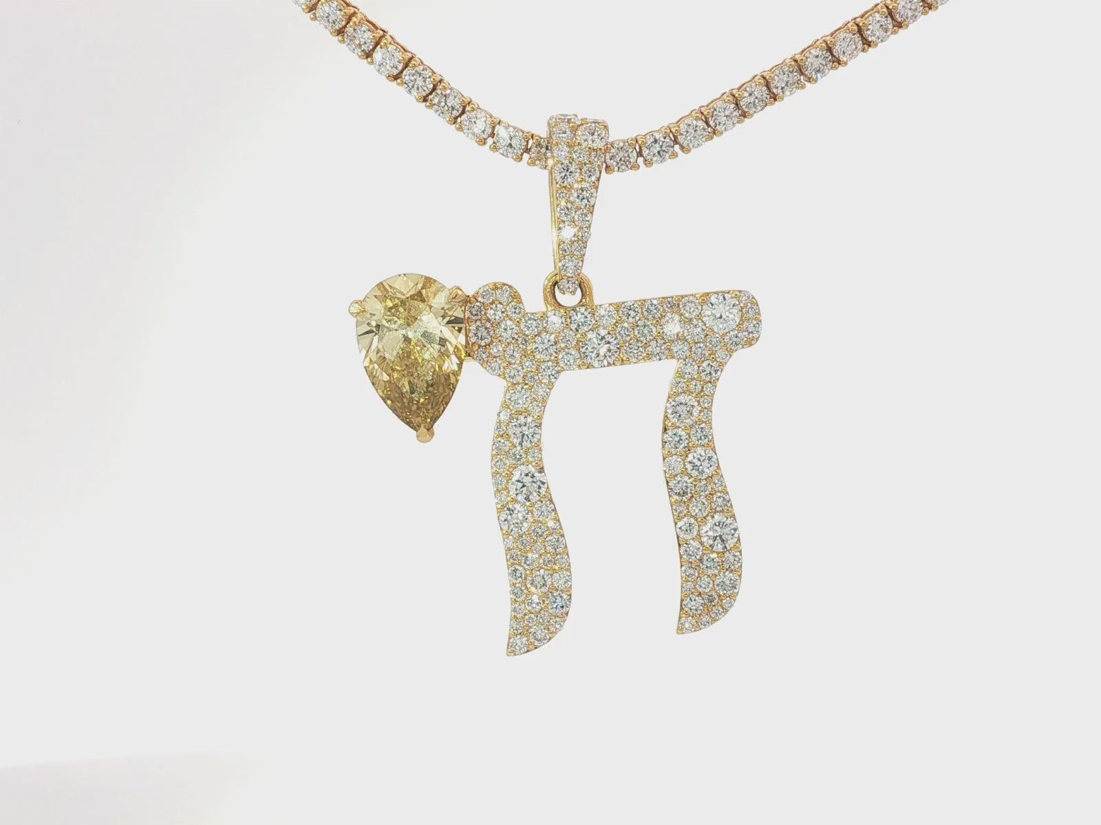 10k Hebrew Chai with Lux Pear-Shape Accent & Round-Cut Pavé 5.40ct
