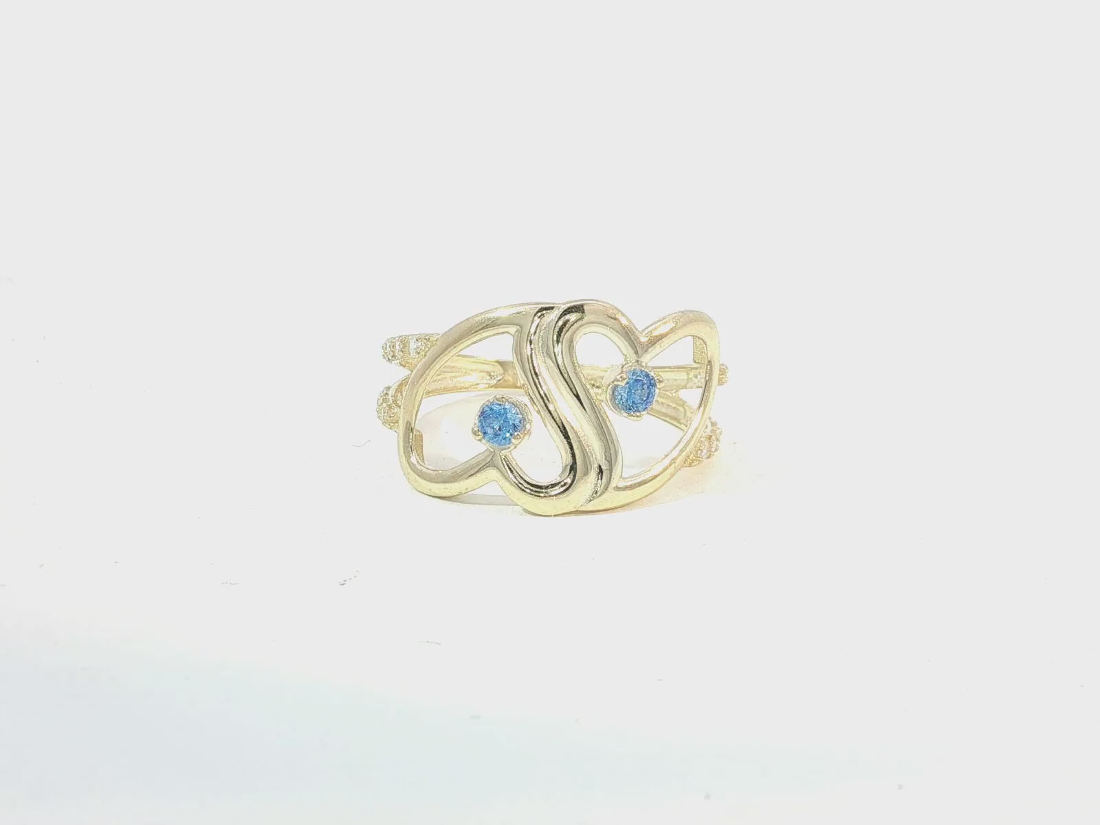 10K Gold Double Open Heart Ring with Blue & White Cubic Zirconia