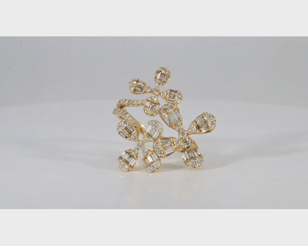 14k Gold Floral Diamond Ring with Baguette and Round Brilliant Cuts 1.35ct – product video