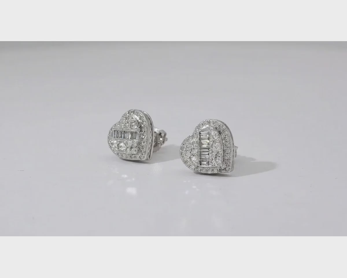 10K Gold Diamond Heart Stud Earrings with Baguette Accents 0.50 CT – product video