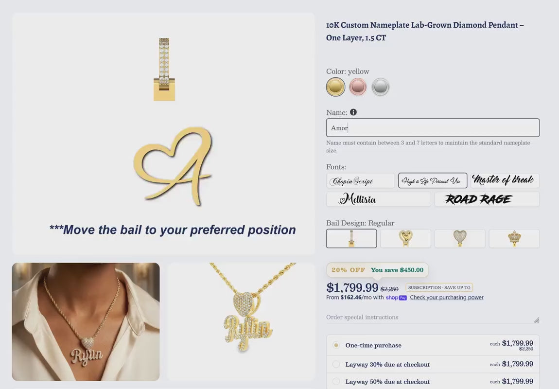 10K Custom Nameplate Lab-Grown Diamond Pendant – One Layer, 1.5 CT