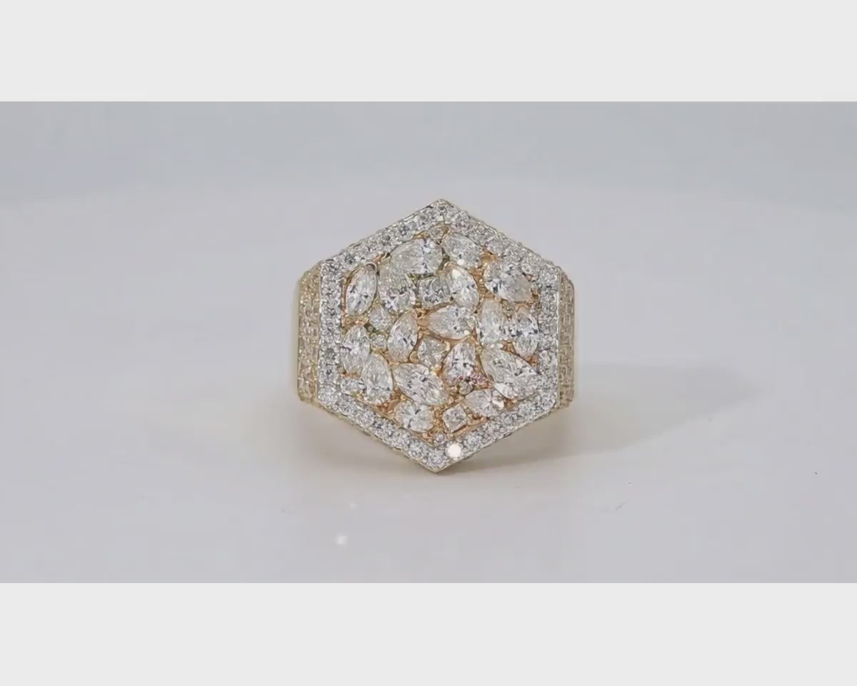 10k Gold Diamond Men's Hexagon Cluster Ring with Pavé Halo 3.80ct – product video