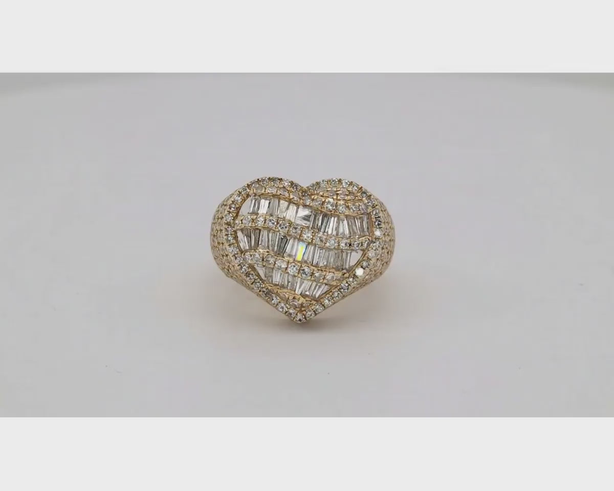 10k Diamond Heart Ring with Baguette Waves & Pavé Dome Design 2.30ct – product video