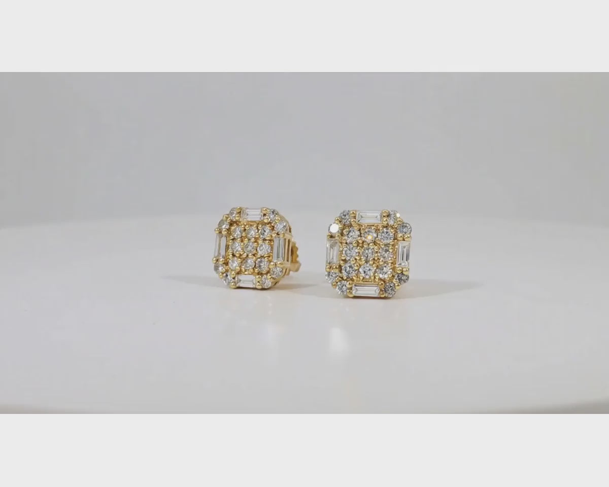 10k Gold Diamond Earrings with Round & Baguette-Cut Geometric Cluster Design 1.05ct – product video