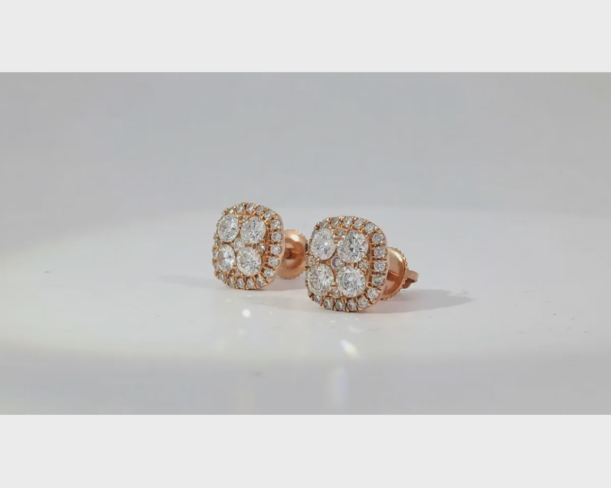 14k Gold Diamond Cushion-Shape Cluster Stud Earrings with Round-Cut Halo 1.00ct – product video