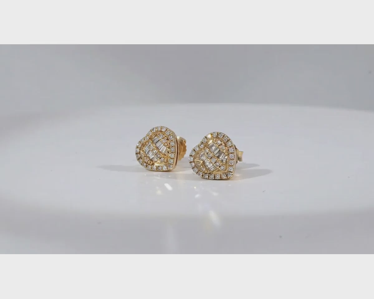 10k Gold Diamond Heart-Shaped Earrings with Round & Baguette-Cut Cluster Design 0.30ct – product video