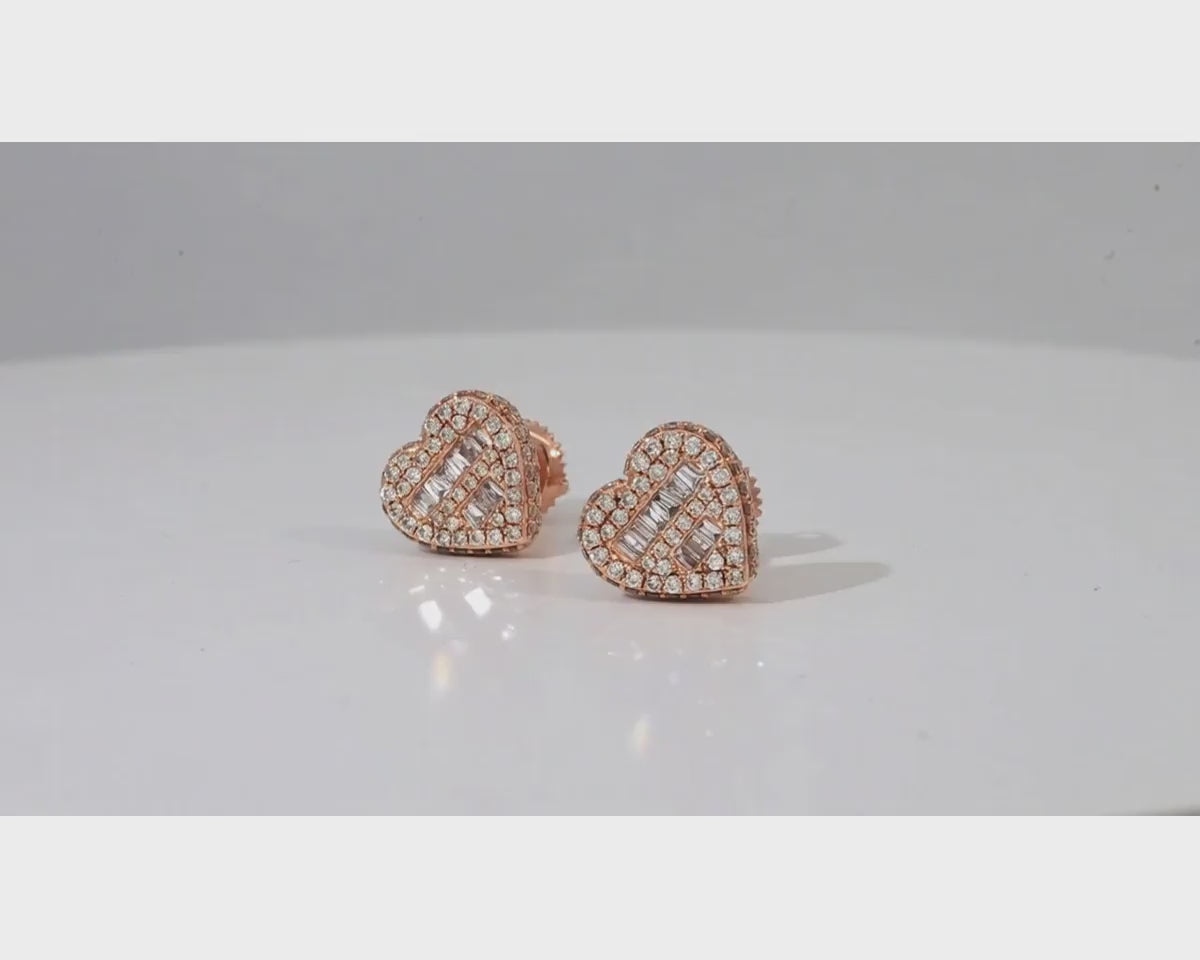 10K Gold Diamond Heart Stud Earrings with Baguette & Round Pavé 0.66ct – product video