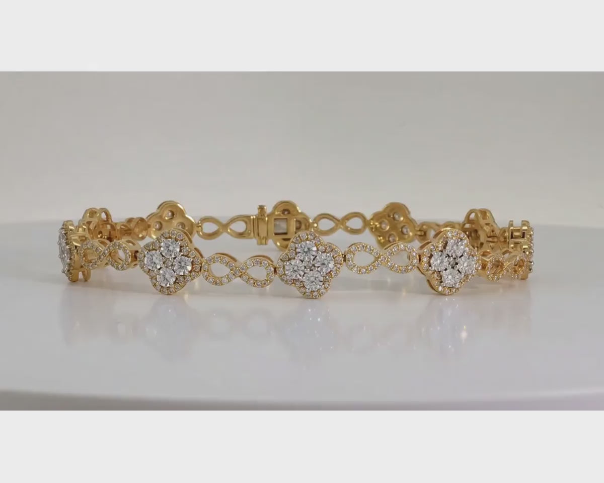 10k Gold Diamond Bracelet with Floral Round-Cut Cluster & Infinity-Link Design 1.42ct – product video
