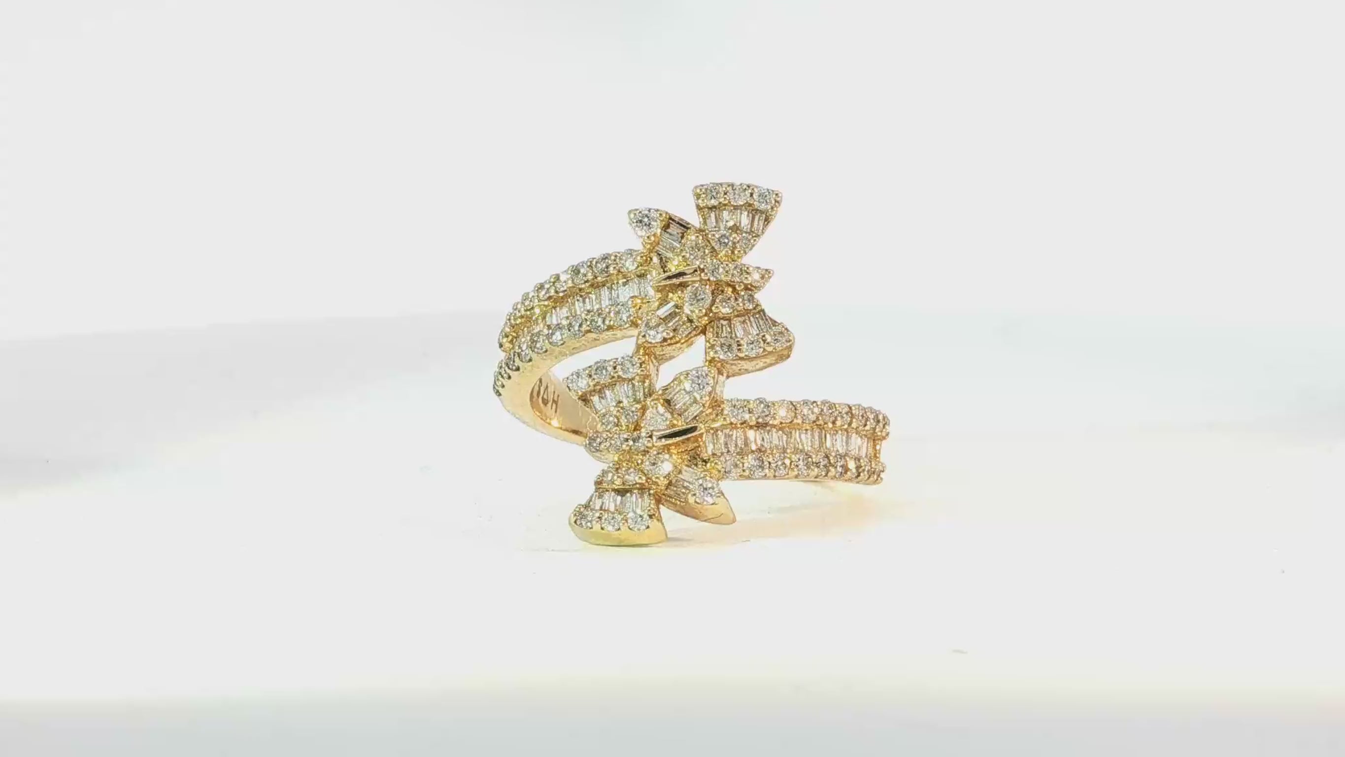 14k Gold Double-Butterfly Wrap Ring with Round & Baguette Diamonds 1.00ct