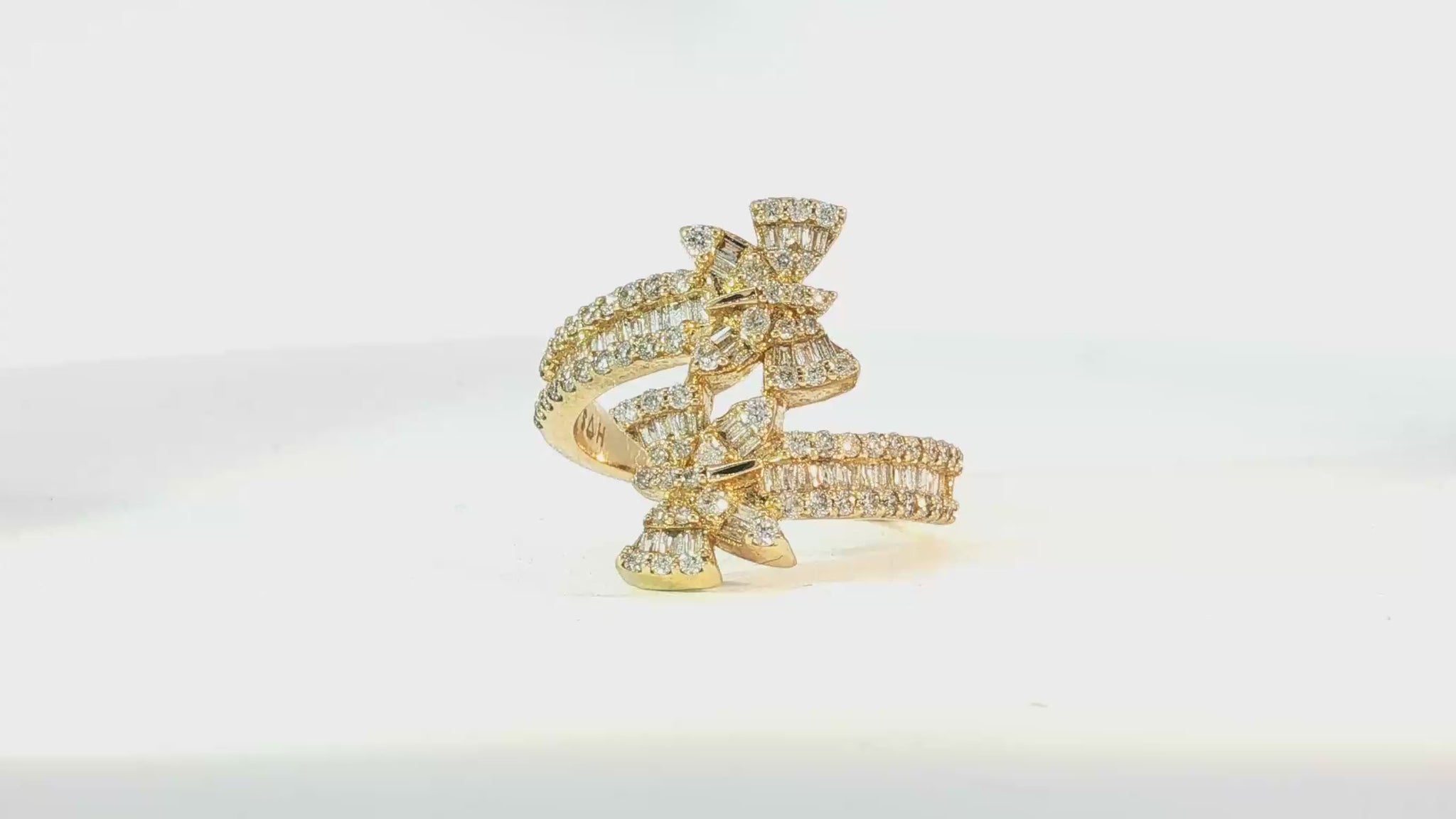14k Gold Double-Butterfly Wrap Ring with Round & Baguette Diamonds 1.00ct