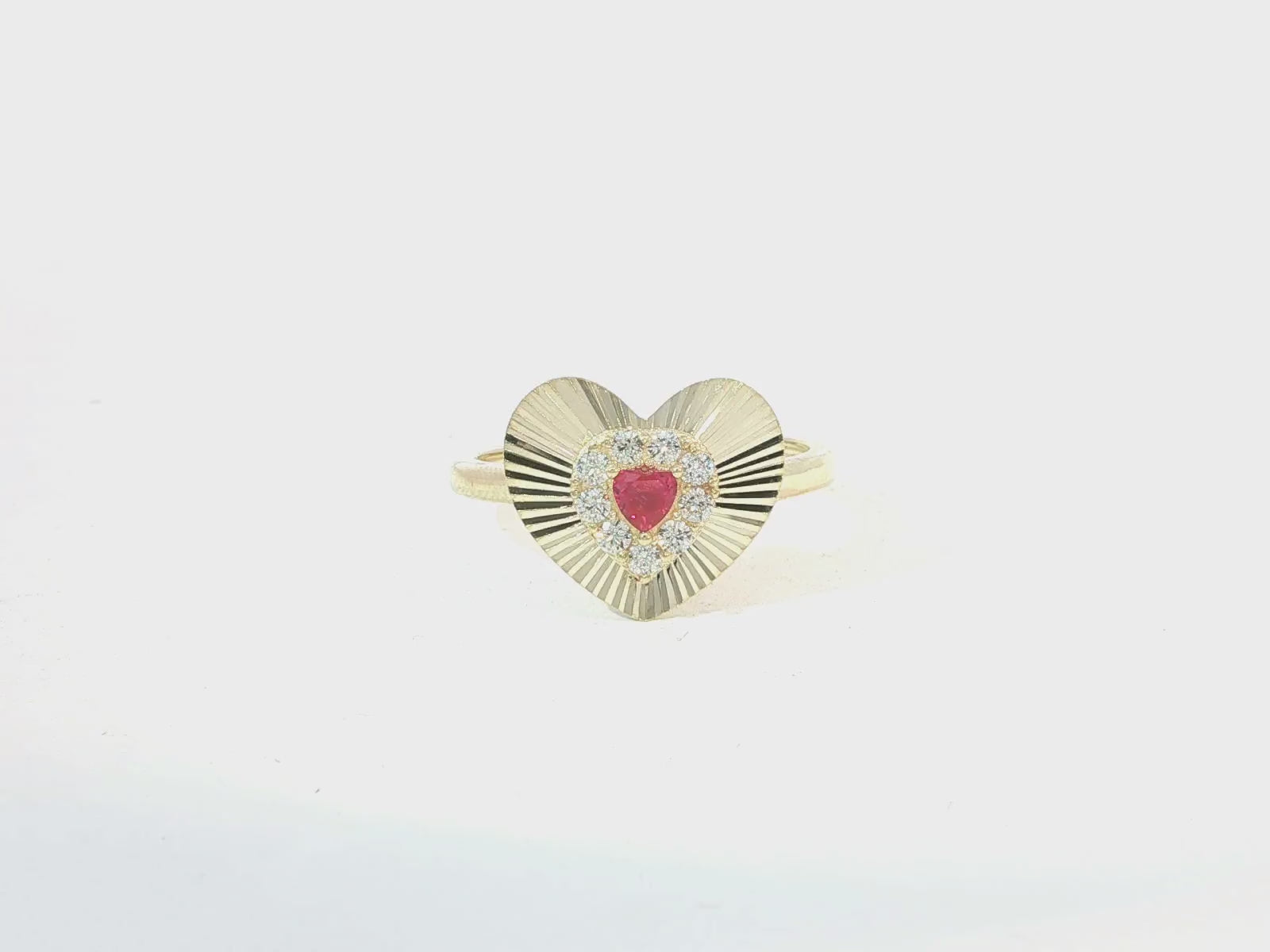 10K Gold Heart Halo Ring with Red Cubic Zirconia Center