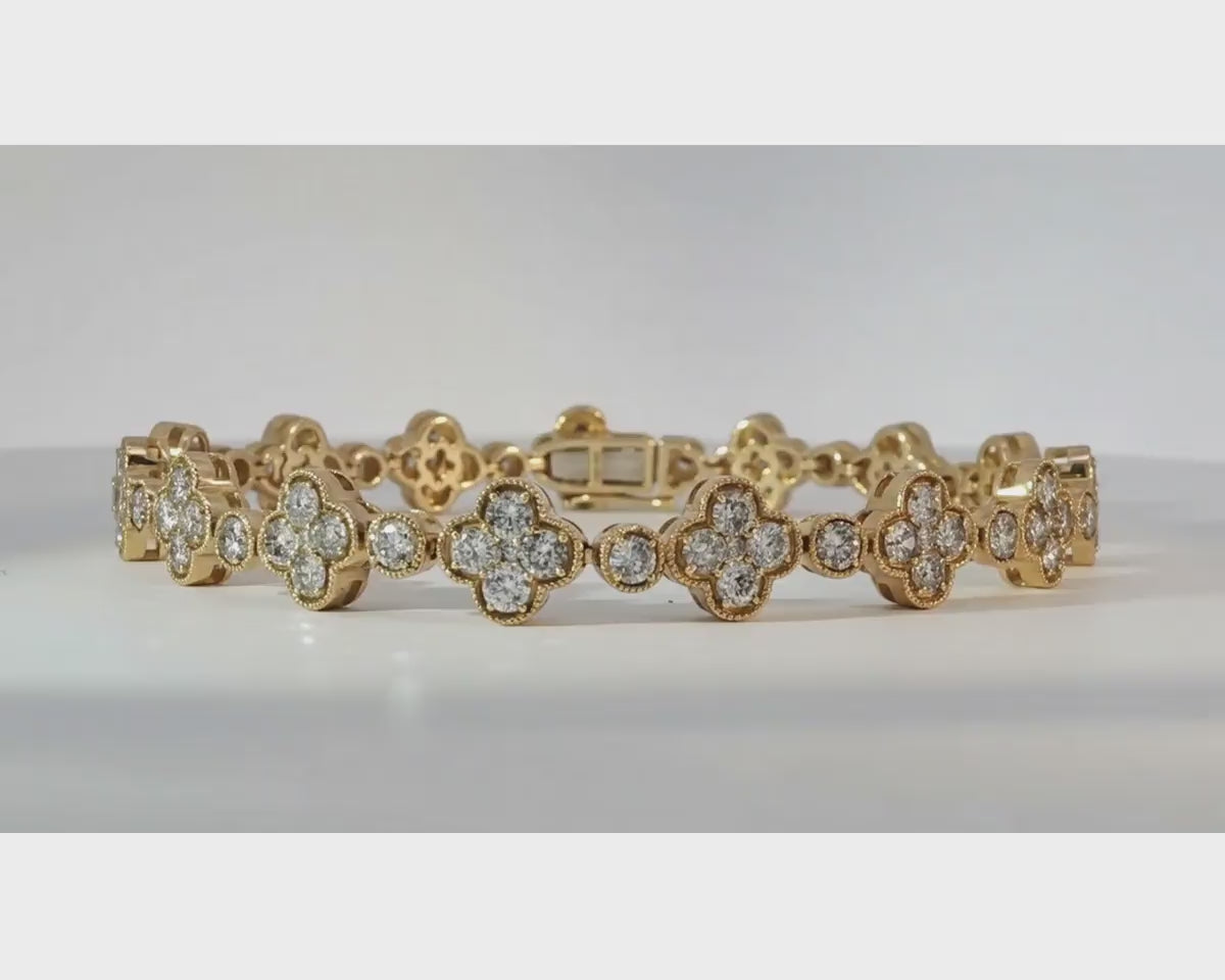 14k Gold Diamond Bracelet with Clover Round-Cut Cluster Design 4.55ct – product video