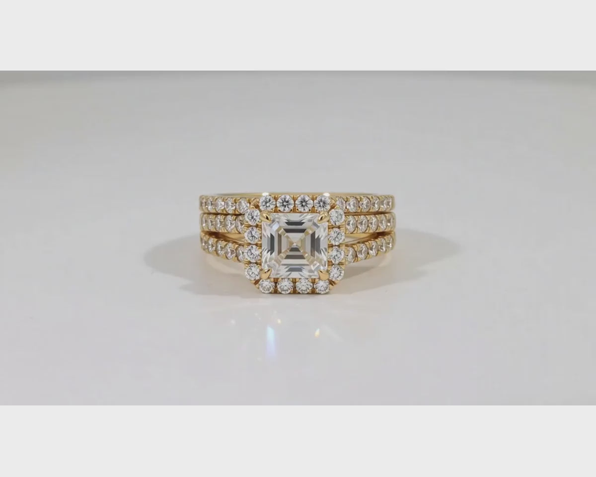 14k Emerald-Cut Halo Diamond Ring Set with Split Shank 2.75 CT – product video
