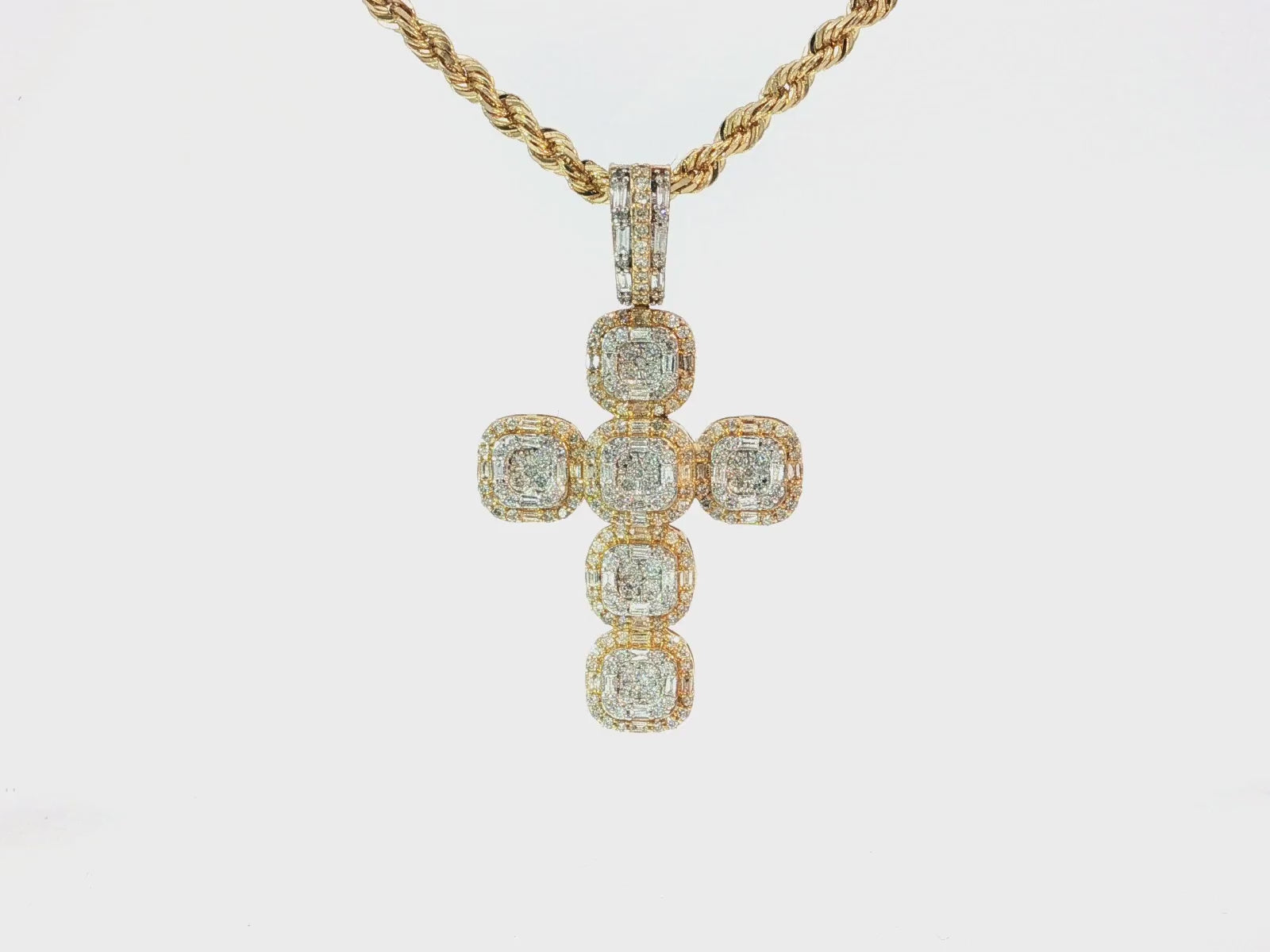 14k Gold Diamond Cross Pendant with Cushion-Shape Cluster Design 1.40ct