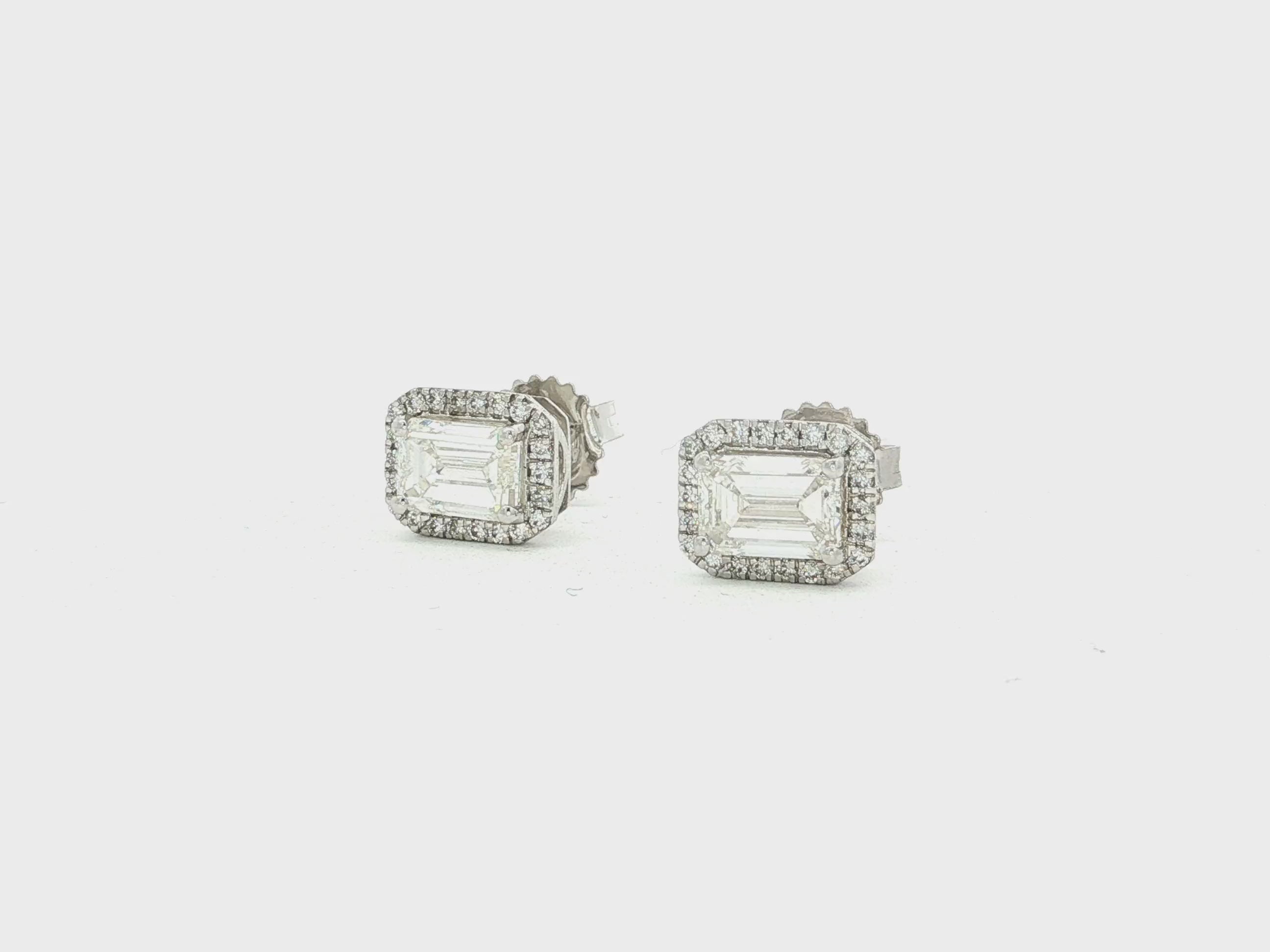 14k Gold Diamond Stud Earrings with Emerald-Cut Center & Halo Design 2.50ct