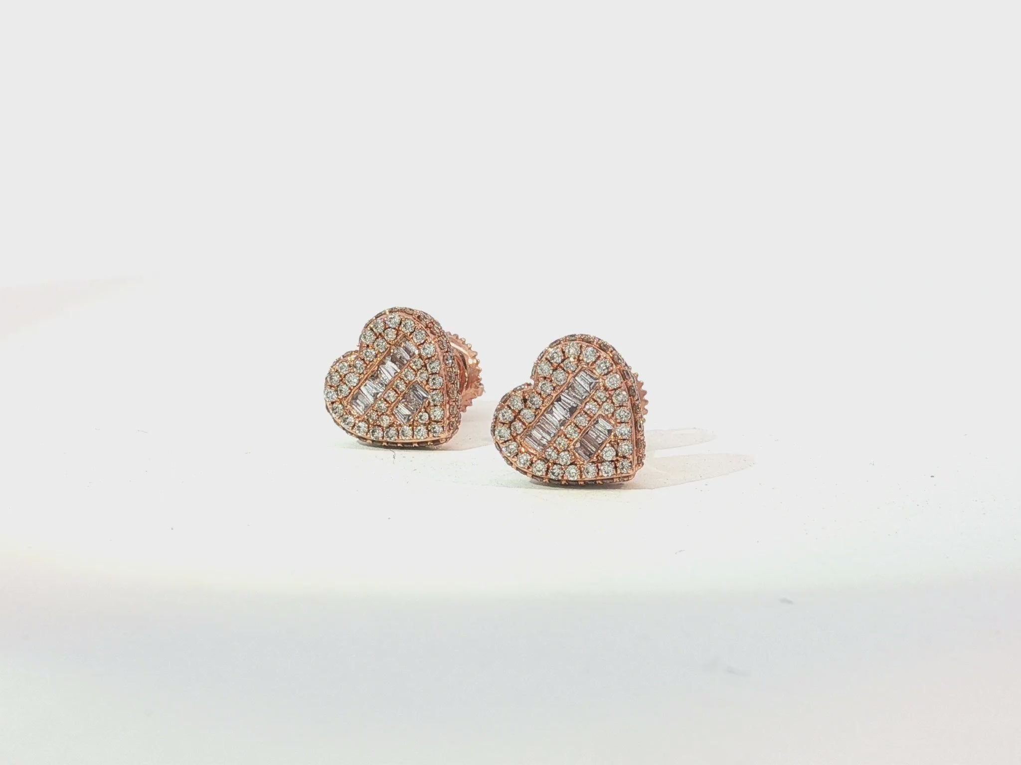 10K Gold Diamond Heart Stud Earrings with Baguette & Round Pavé 0.66ct