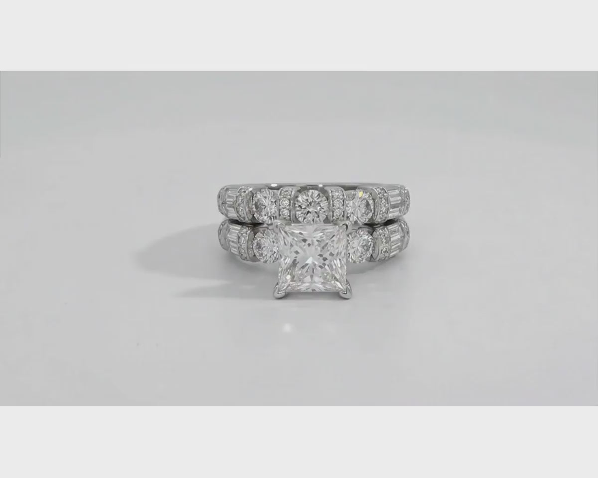 14K Gold Diamond Bridal Ring Set with Princess-Cut Center & Accent Bands 4.00ct – product video