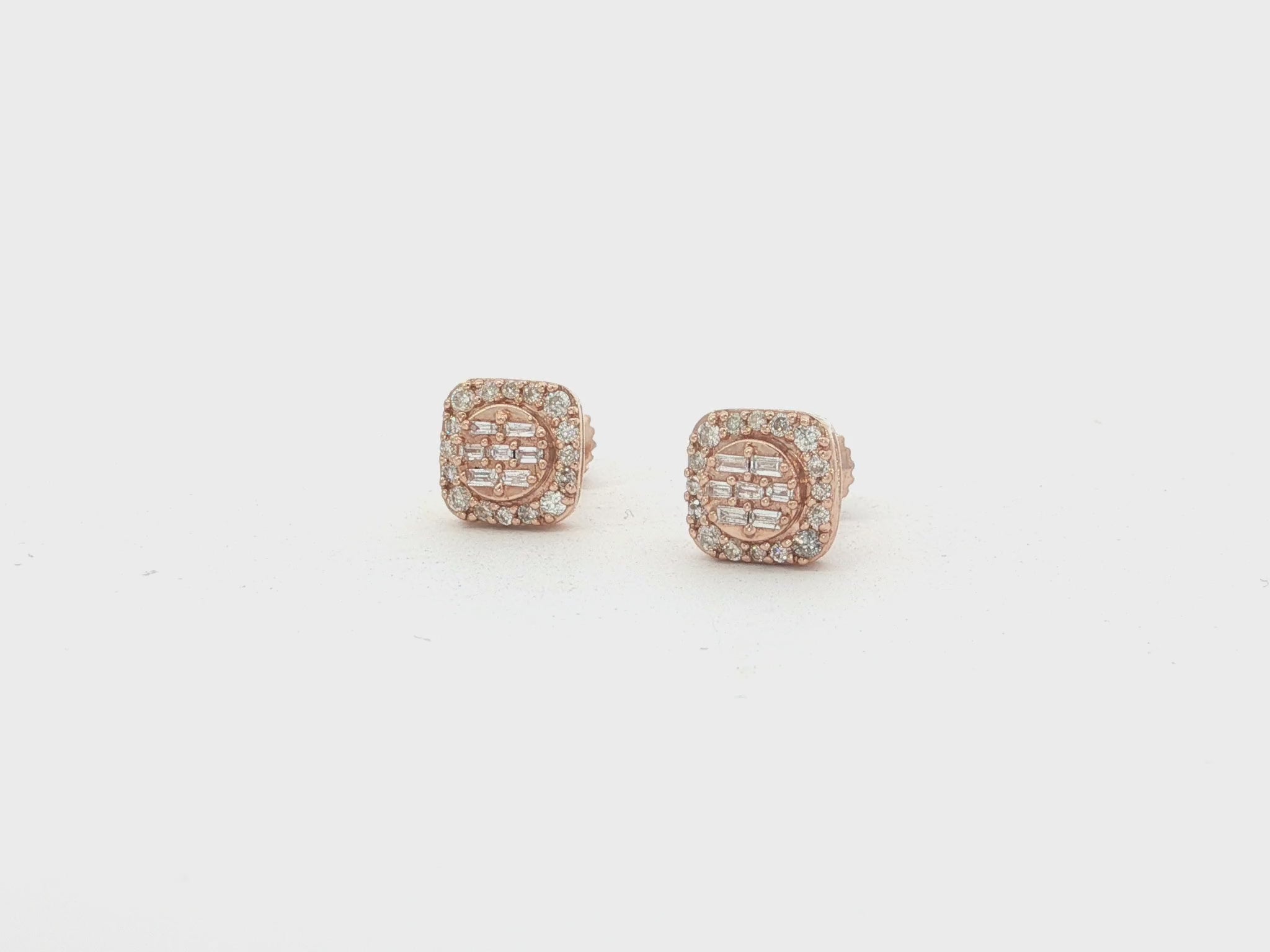 10K Gold Diamond Square Stud Earrings with Baguette & Pavé Accents 0.35 CT