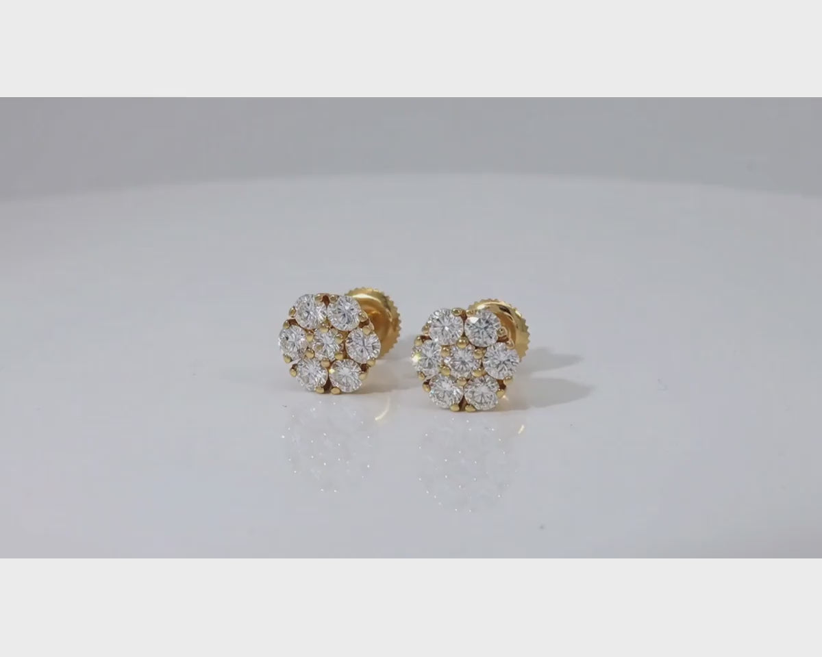 14k Gold Diamond Earrings with Round Cluster Floral Design 1.25ct – product video