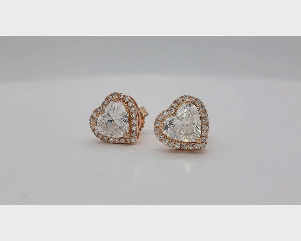 14k Gold Diamond Heart-Shaped Stud Earrings with Halo Design 3.65c – product video