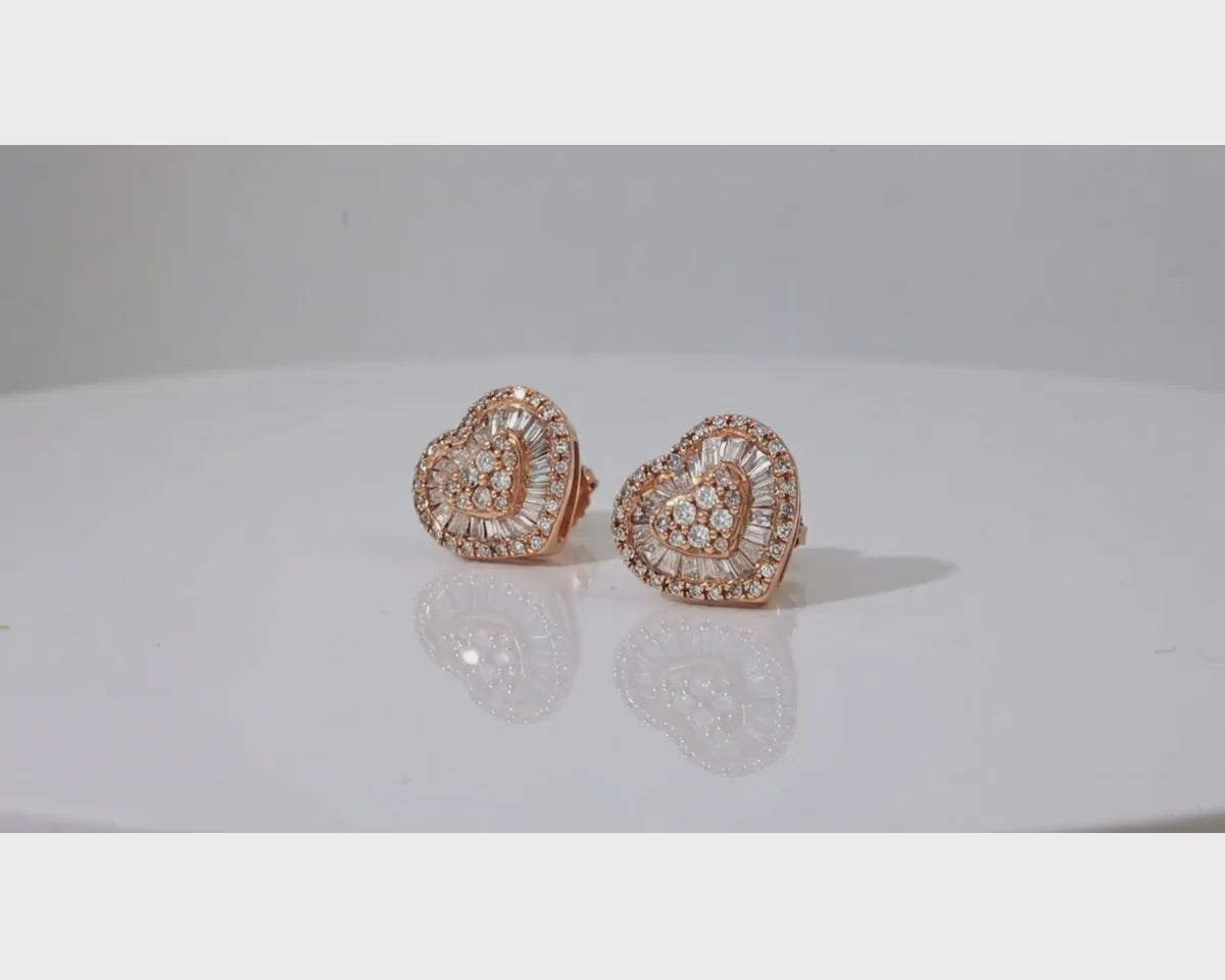 10k Gold Diamond Heart-Shaped Earrings with Round & Baguette Accents 0.60ct – product video
