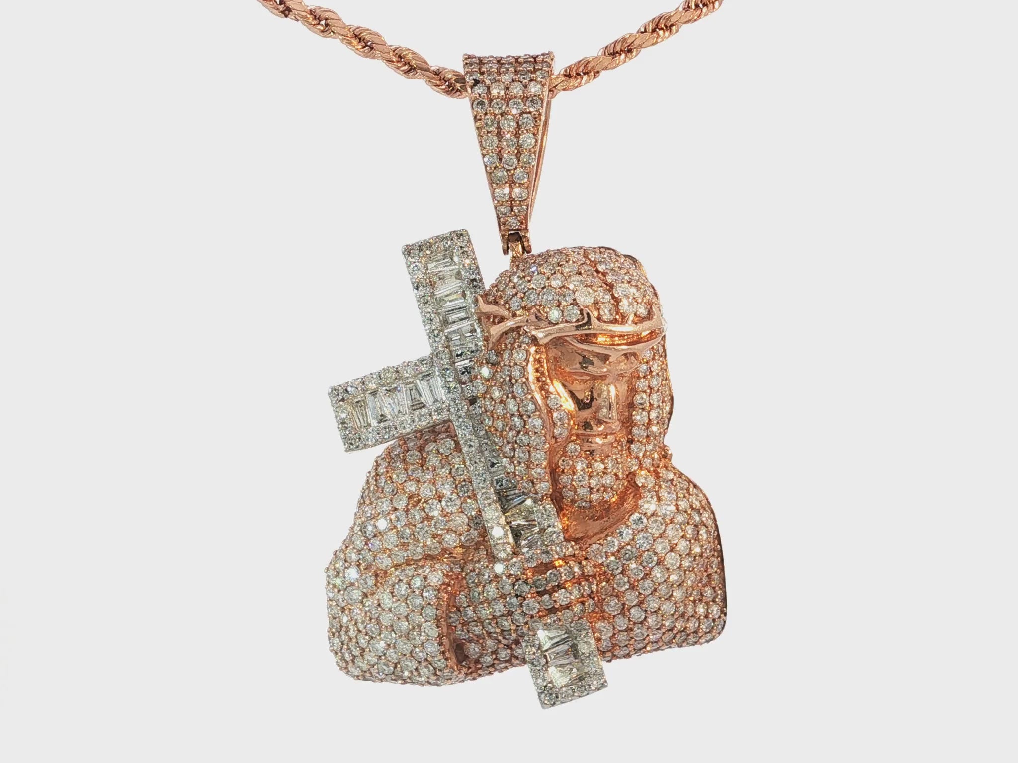 10k Gold Diamond Jesus Carrying Cross Pendant with Round & Baguette Accents 7.85ct