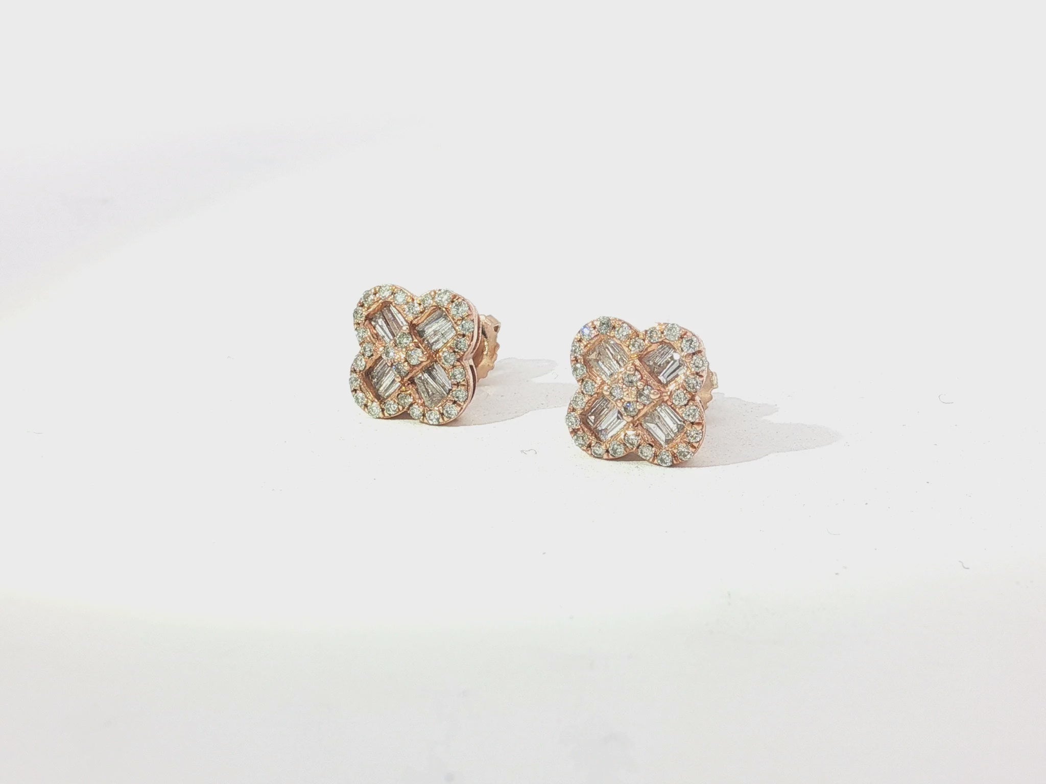 10K Gold Diamond Clover Stud Earrings with Baguette Accents 0.50 CT