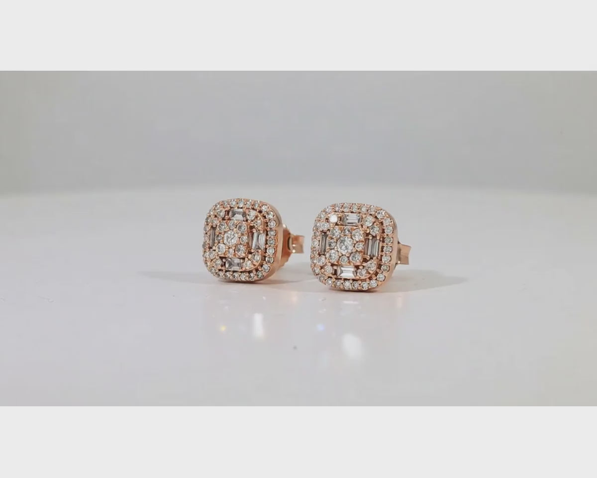 10k Gold Diamond Cushion-Shape Stud Earrings with Round & Baguette Accents 0.60ct – product video