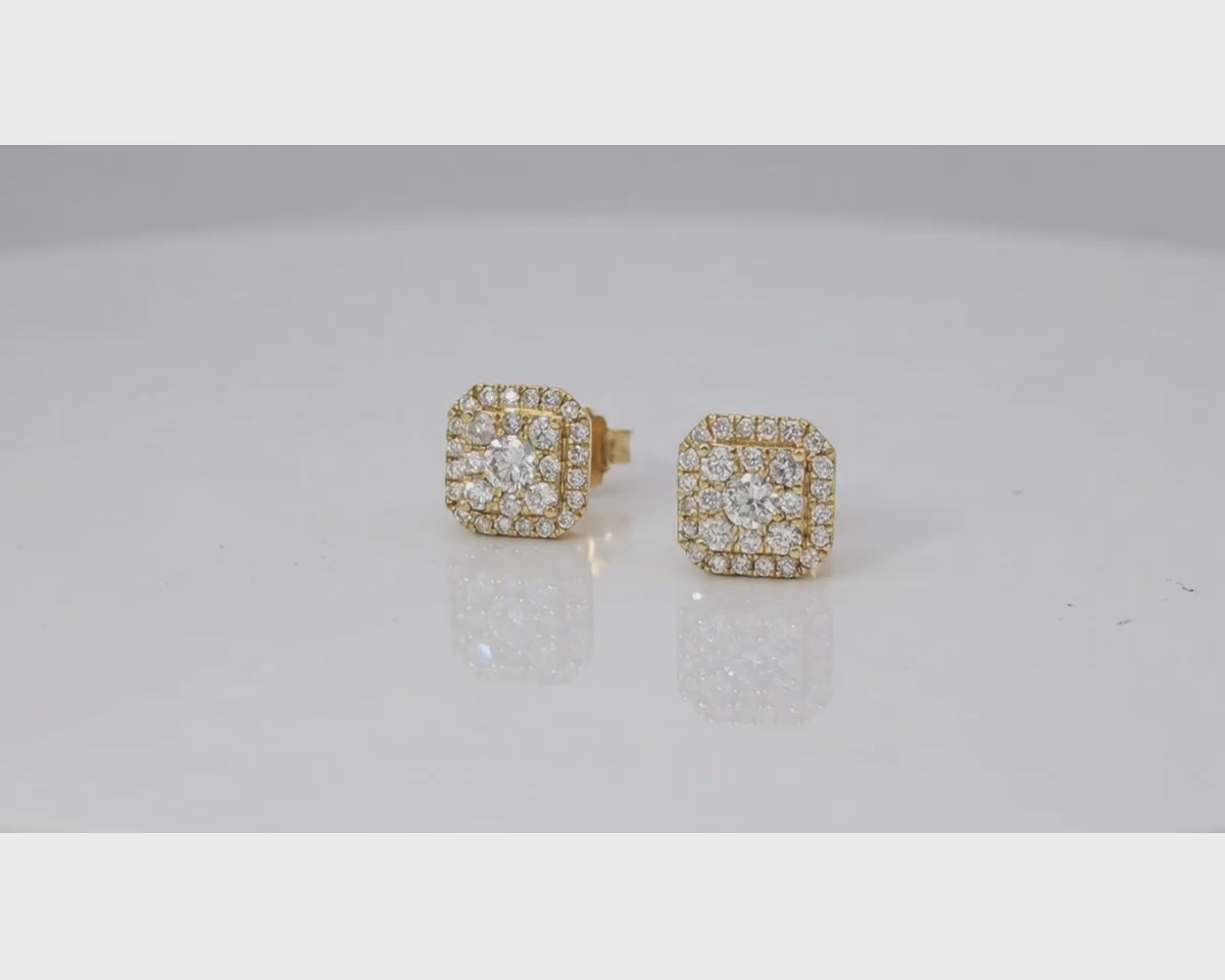 10K Gold Diamond Square Halo Stud Earrings with Pavé Accents 0.60 CT – product video