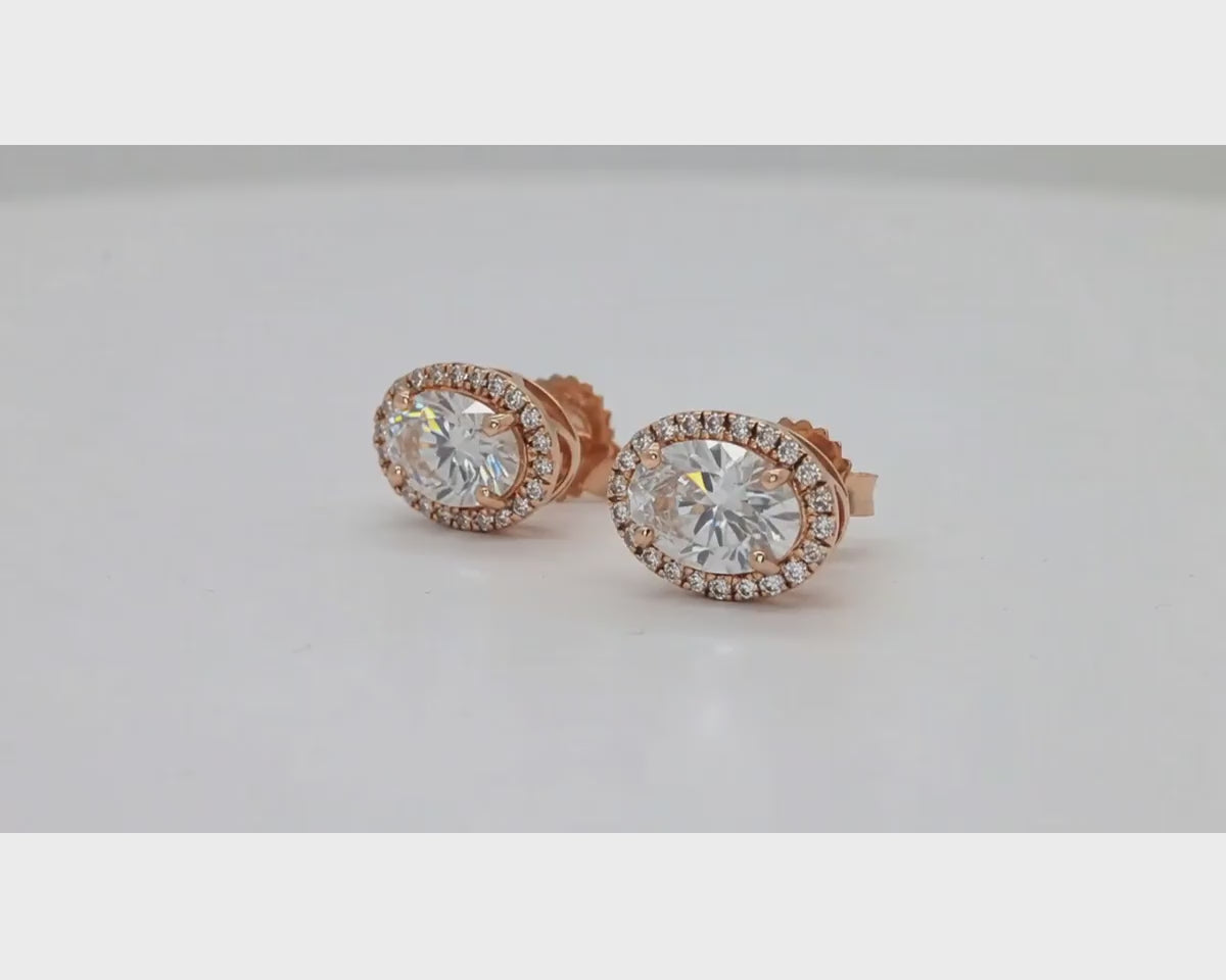 14k Gold Diamond Stud Earrings with Oval-Cut Center & Halo Design 2.50ct – product video
