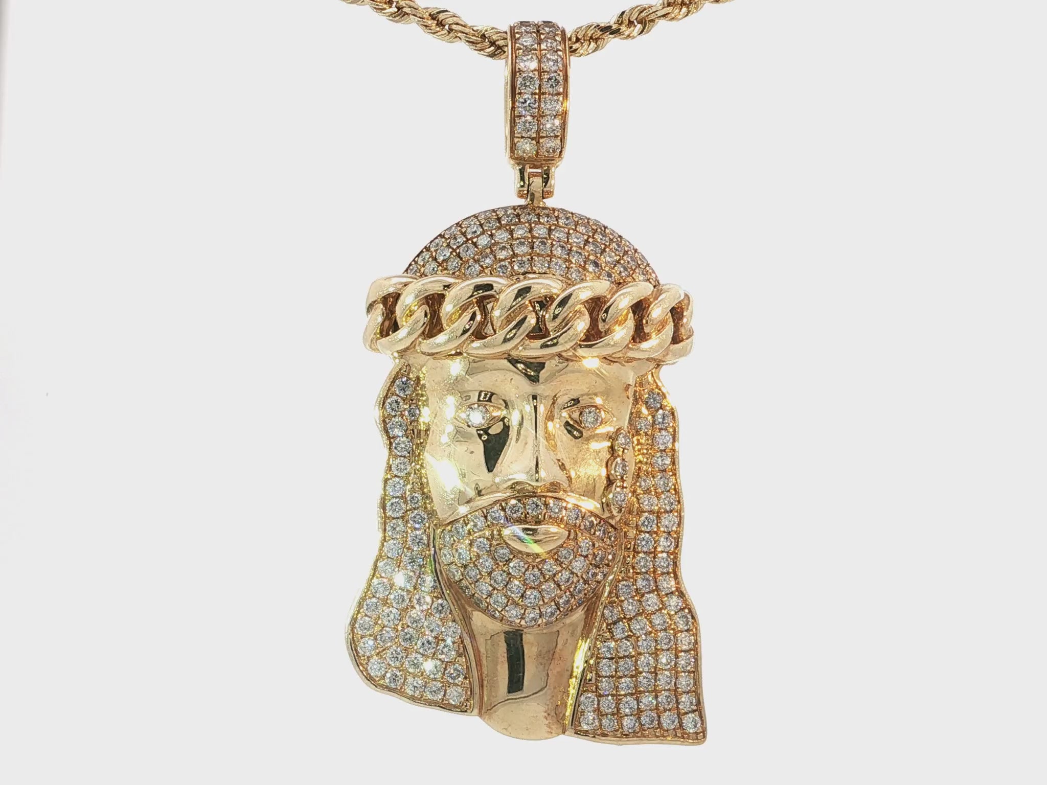14k Gold Diamond Jesus Face Pendant with Cuban Link Crown 4.0ct