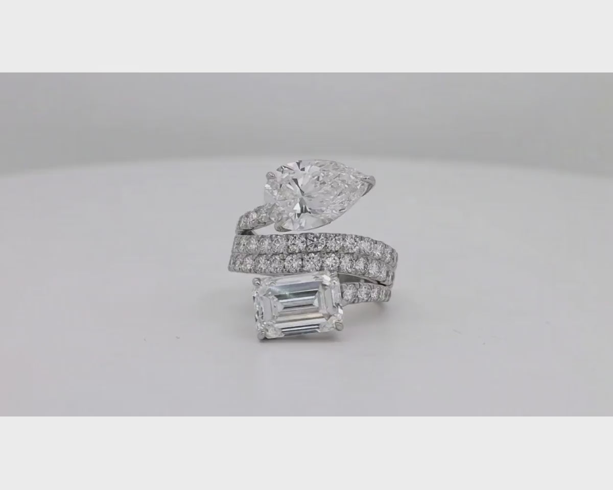 14K Gold Diamond Ring with Pear & Emerald-Cut Two-Stone Wrap Design 7.51ct – product video
