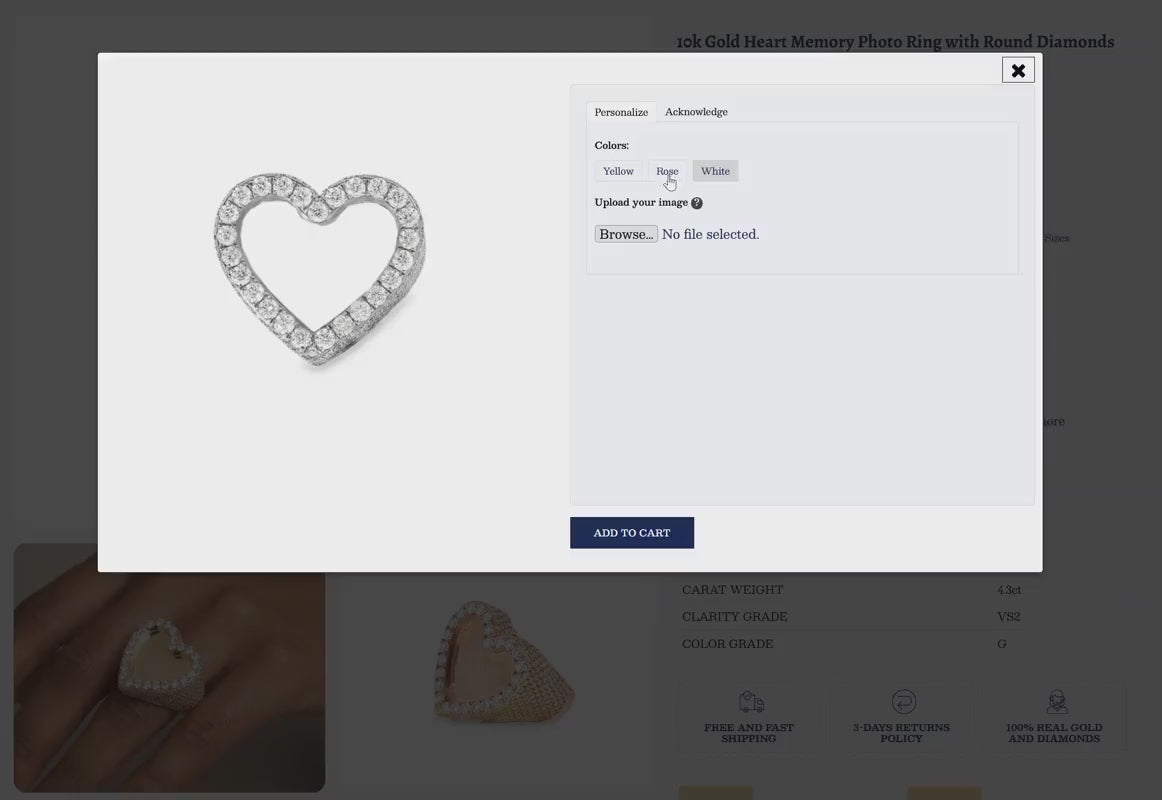 10k Gold Heart Memory Photo Ring with Round Diamonds 4.3 ct