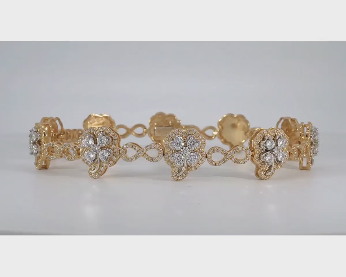 10k Gold Diamond Bracelet with Clover Round-Cut & Infinity-Link Design 1.54ct – product video
