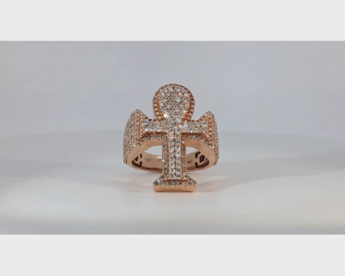 10k Rose Gold Ankh Cross Diamond Ring with Full Round Cut 2.50ct – product video