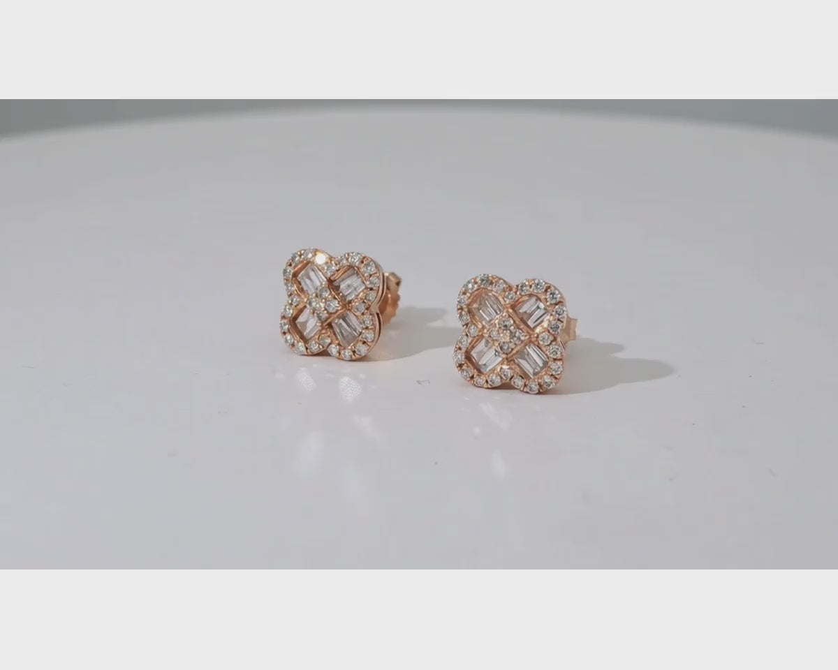 10K Gold Diamond Clover Stud Earrings with Baguette Accents 0.50 CT – product video