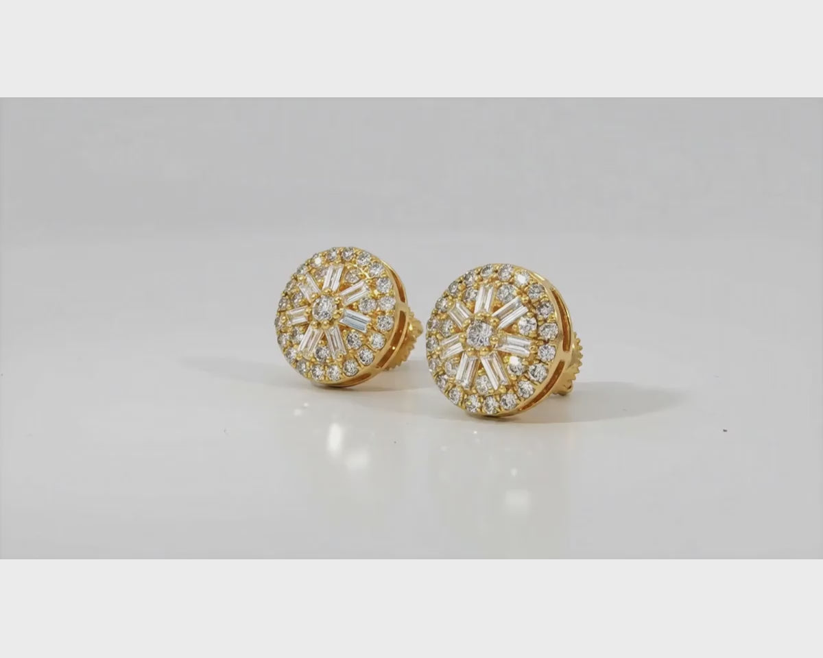 10k Gold Diamond Earrings with Round & Baguette-Cut Radiant Sunburst Design 1.16ct – product video