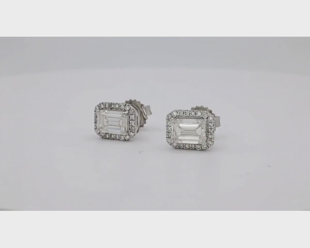 14k Gold Diamond Stud Earrings with Emerald-Cut Center & Halo Design 2.50ct – product video