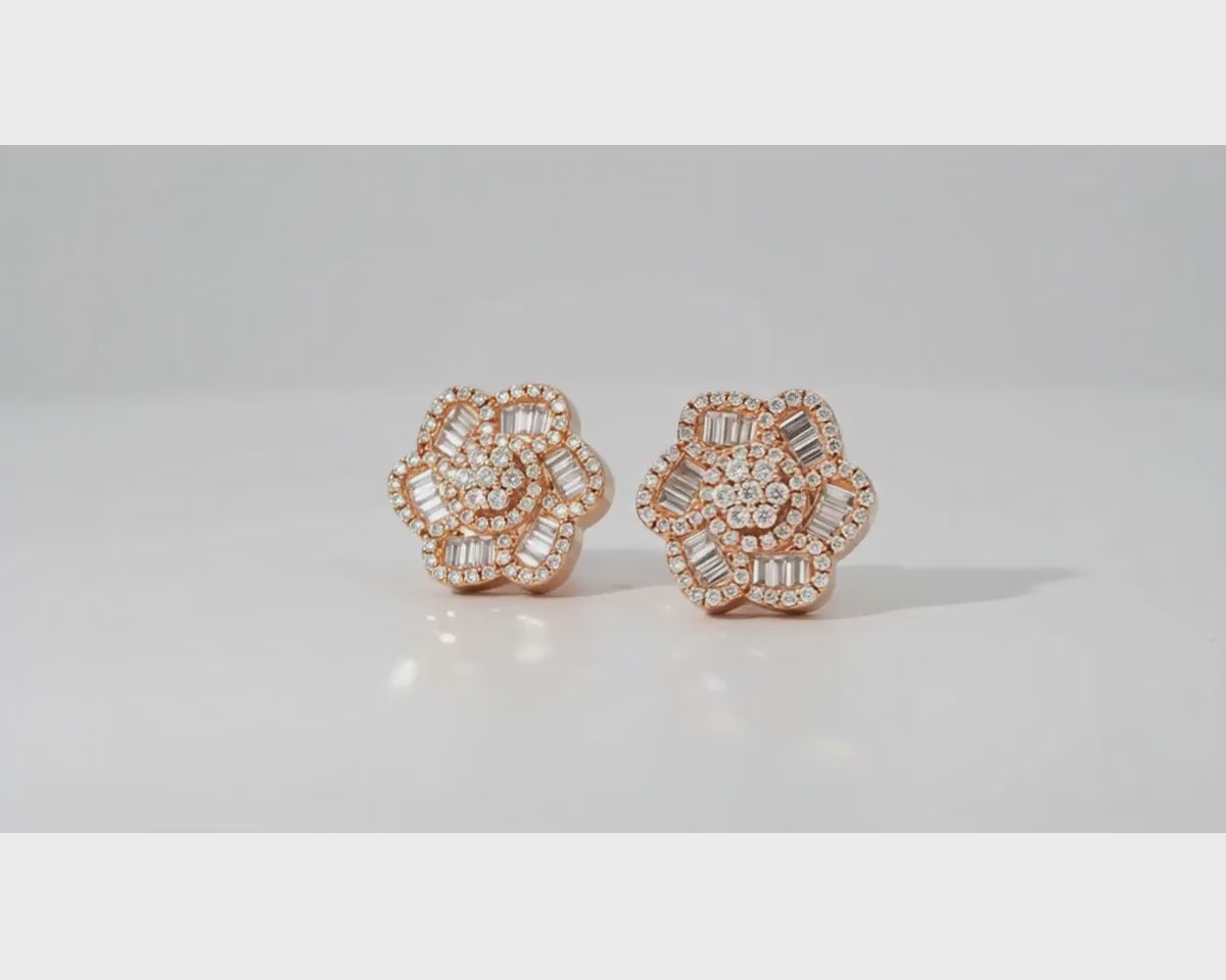 10k Gold Diamond Floral Earrings with Round & Baguette Accents 0.73ct – product video