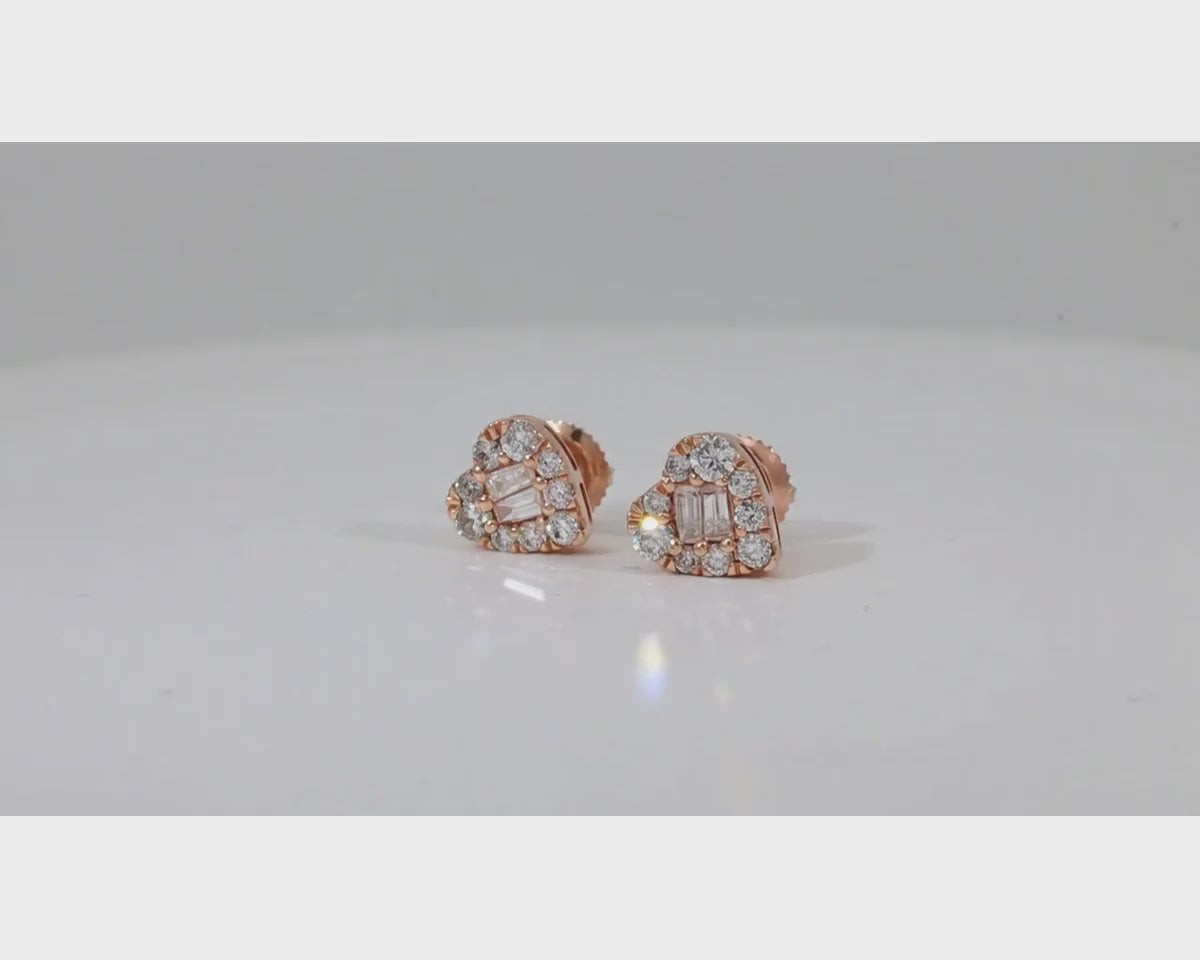 10k Gold Diamond Heart-Shaped Earrings with Round & Baguette Cluster Design 0.70ct – product video