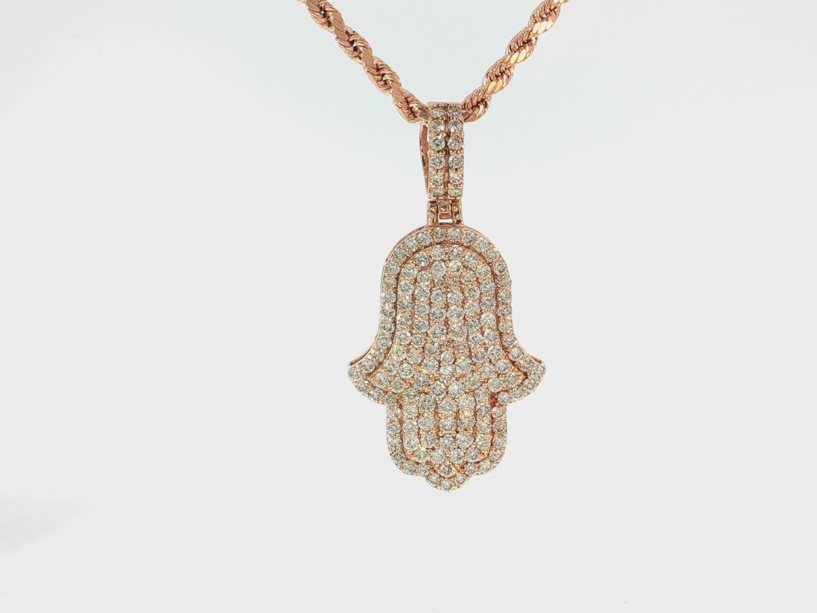 14k Gold Diamond Hamsa Pendant with Full Pave Round-Cut Design 2.19ct