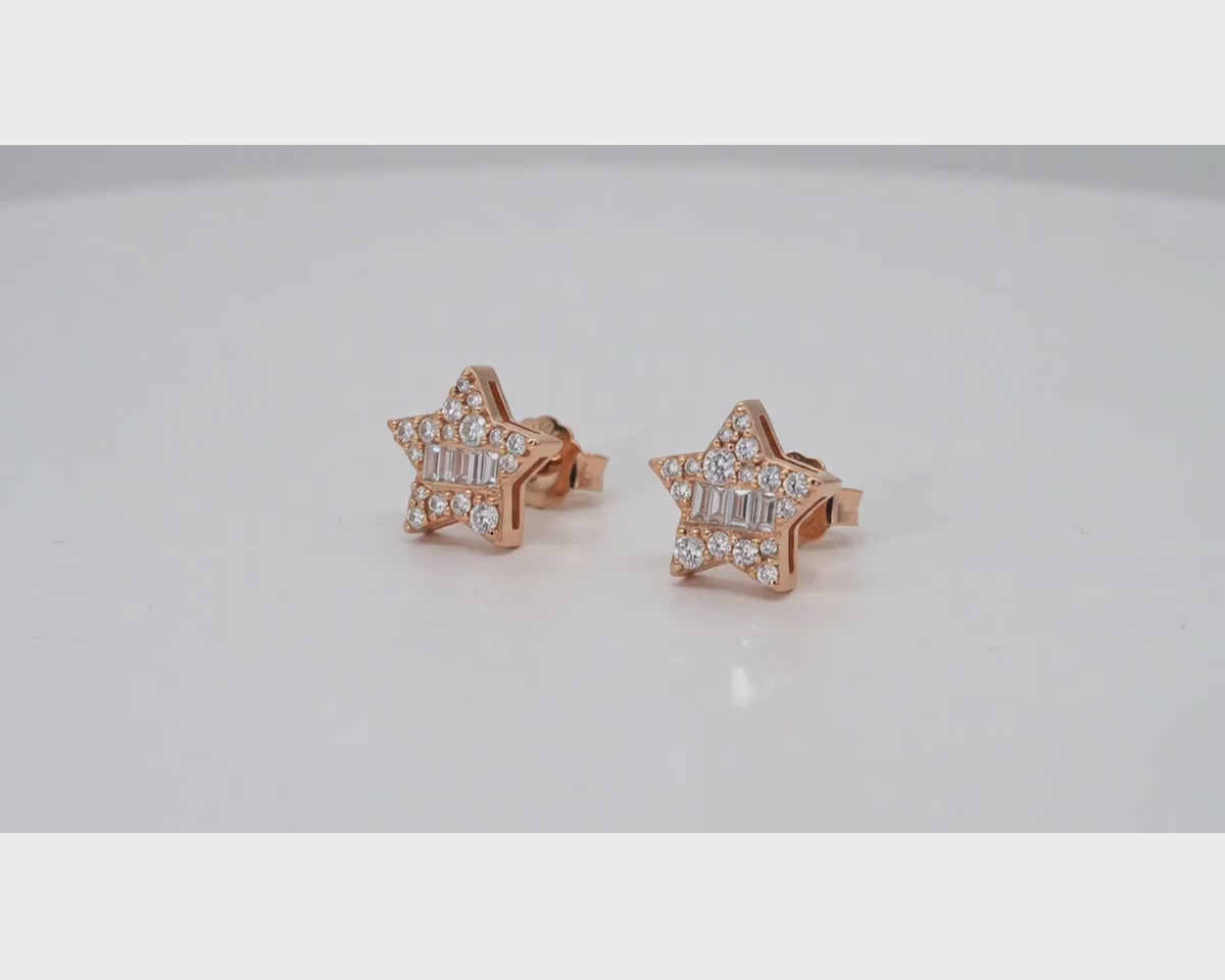 10K Gold Star Stud Earrings with Baguette Accents 0.40 CT – product video
