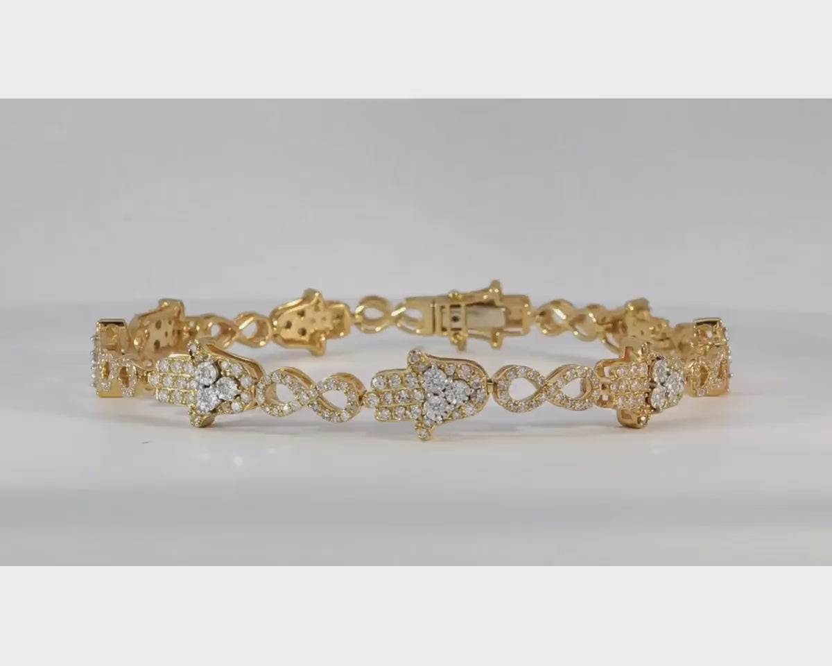 10k Gold Diamond Bracelet with Hamsa & Infinity-Link Round-Cut Design 1.48ct – product video
