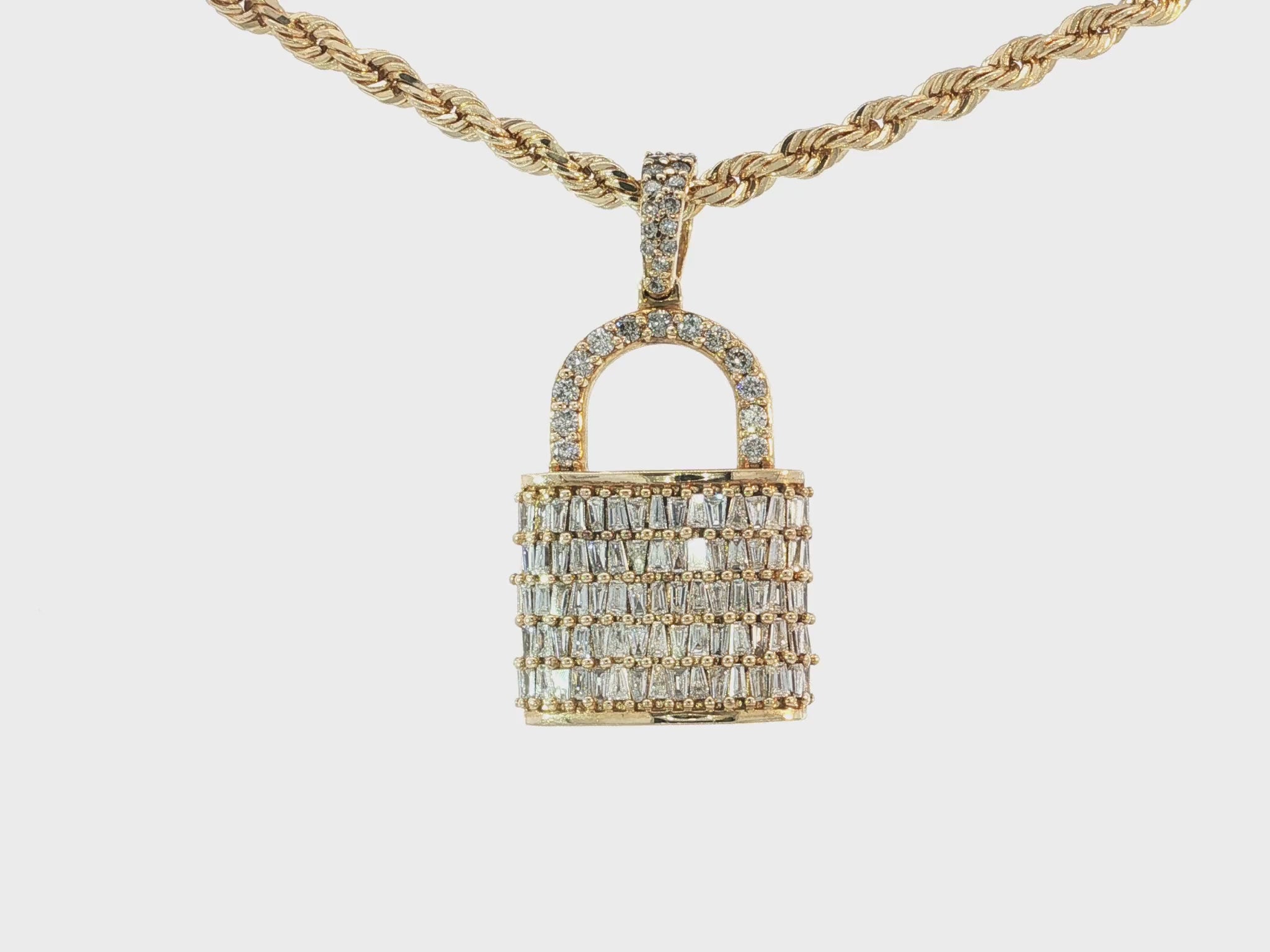10k Gold Diamond Pendant with Lock Design Featuring Baguette & Round Accents 1.5ct