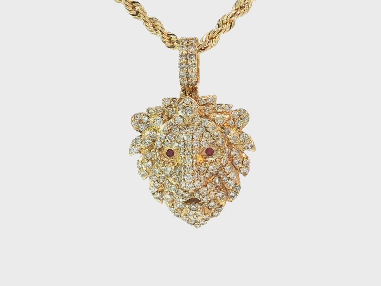 14k Gold Diamond Lion Head Pendant with Ruby Eyes 2.45ct