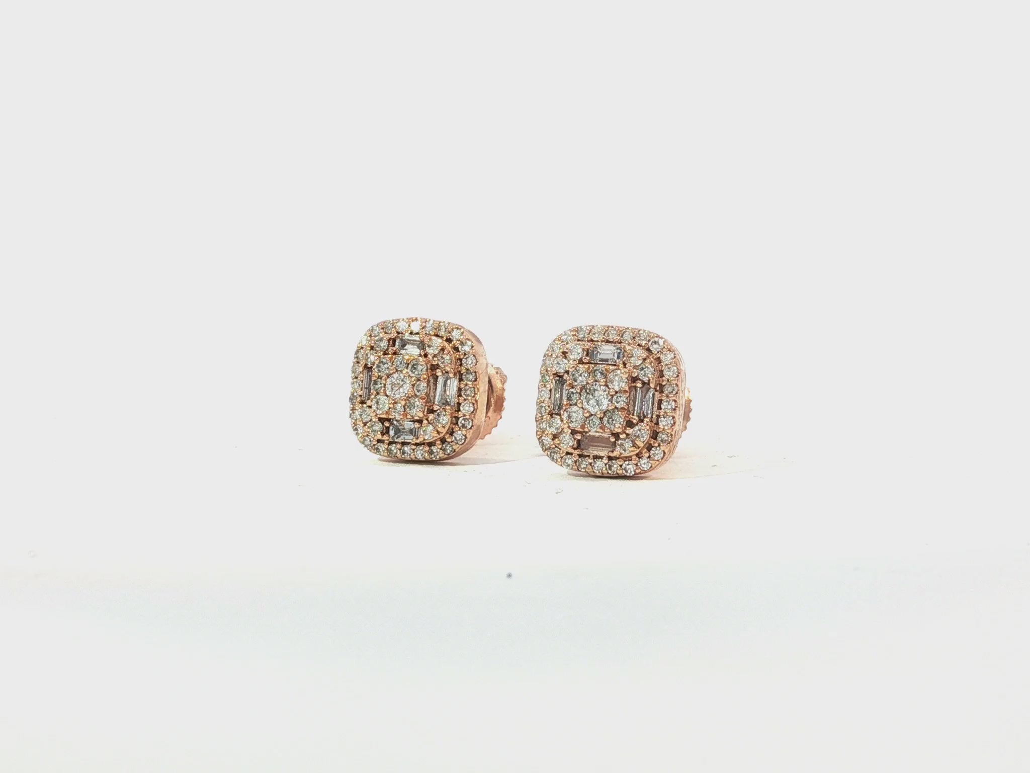 10k Gold Diamond Cushion-Shape Stud Earrings with Round & Baguette Accents 0.60ct