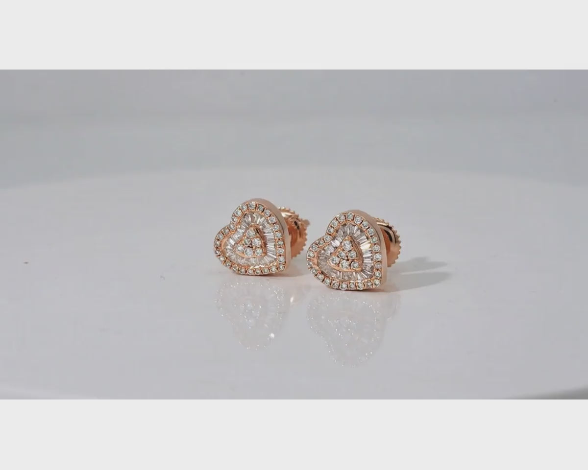 10k Gold Diamond Heart Earrings with Round & Baguette-Cut Double Halo Design 0.37ct – product video